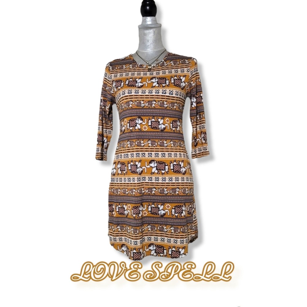 Boho Gypsy Tunic Love Spell Elephant Print  Dress orange brown S